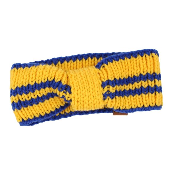 Handmade Hand Knit Striped Sunshine Yellow Royal Blue Acrylic Sporty Headband - Picture 3 of 4